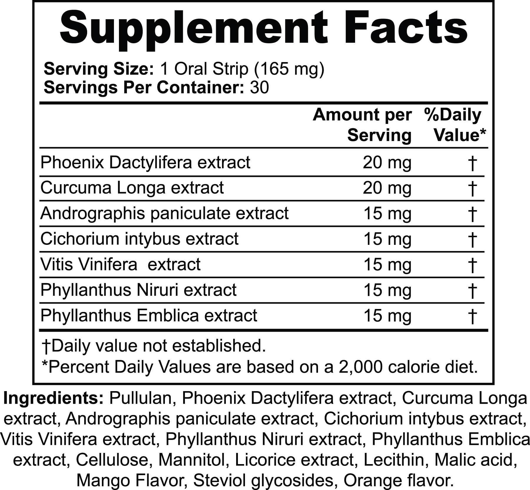 Supplement facts for hangover strips
